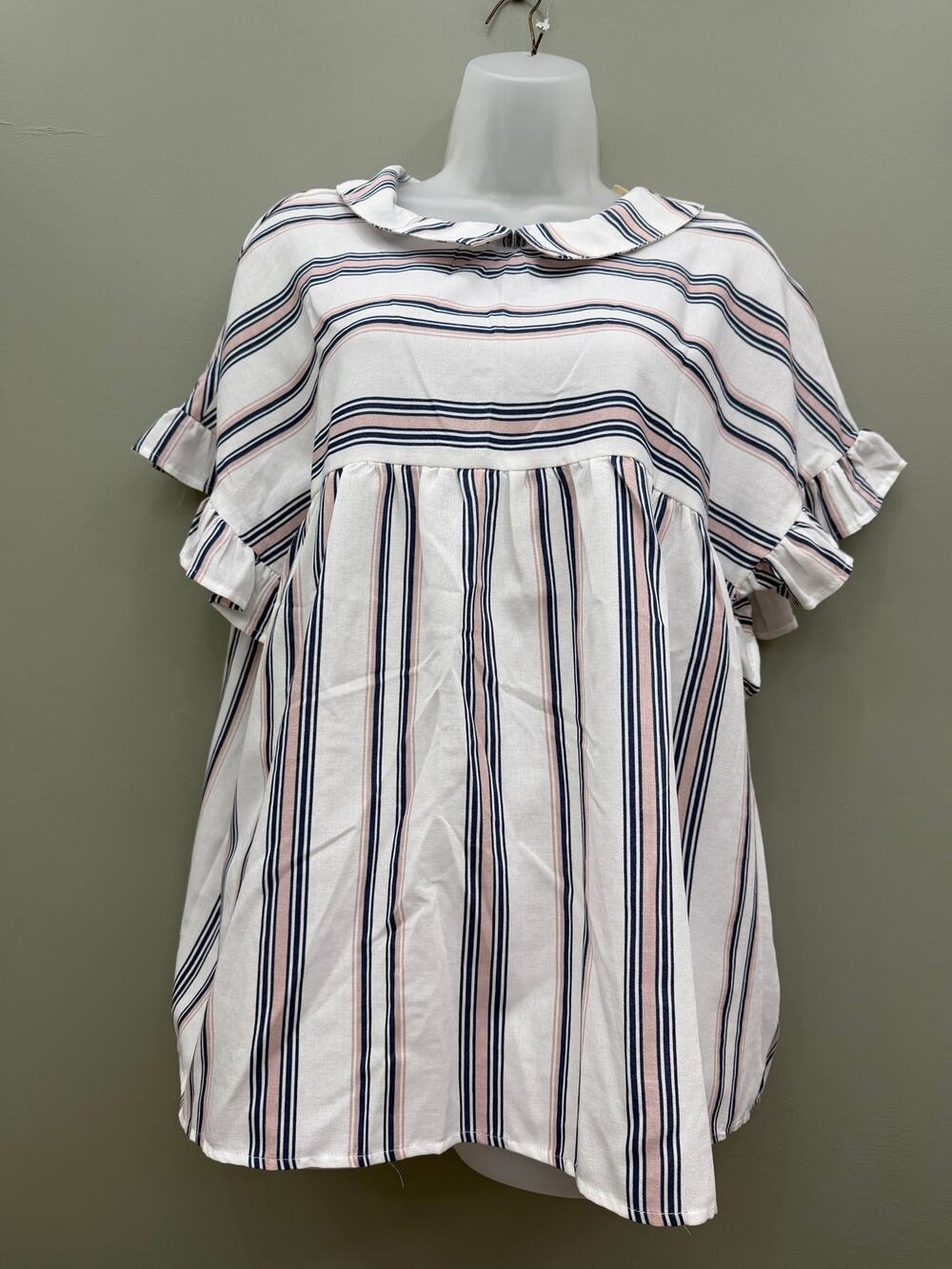 Listicle Striped Babydoll Blouse L Ruffle Sleeve Tie Back Coastal Preppy